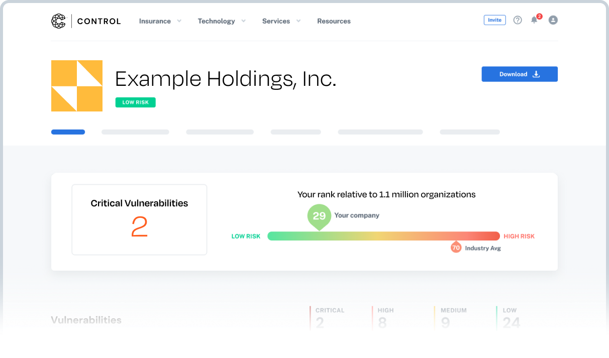 Screenshot of a Coalition Control dashboard demonstrating vulnerabilities of a sample company