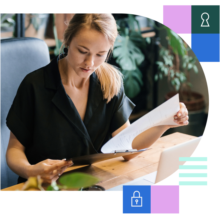 Woman reading documents on a clipboard