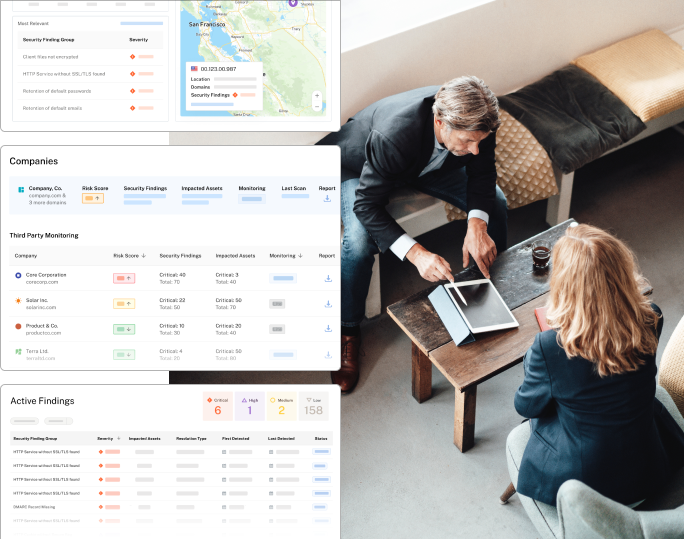 Collage of two people discussing cyber insurance and screenshots of Coalition Control dashboard demonstrating various tools