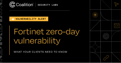 Graphic of Coalition Security Labs with copy "Fortinet zero-day vulnerability"